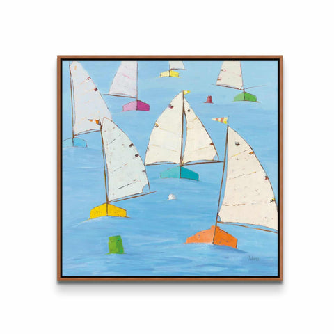 a painting of sailboats floating in the ocean
