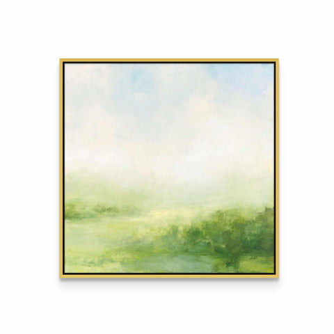 a painting on a white wall with a yellow frame