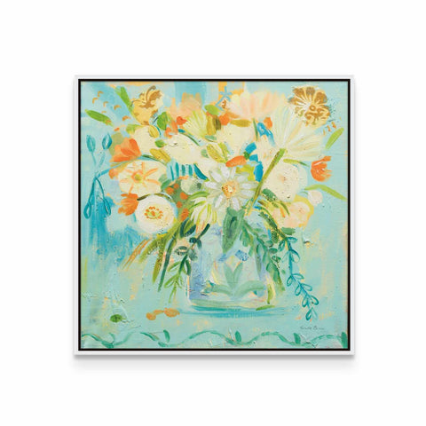 a painting of flowers in a blue vase