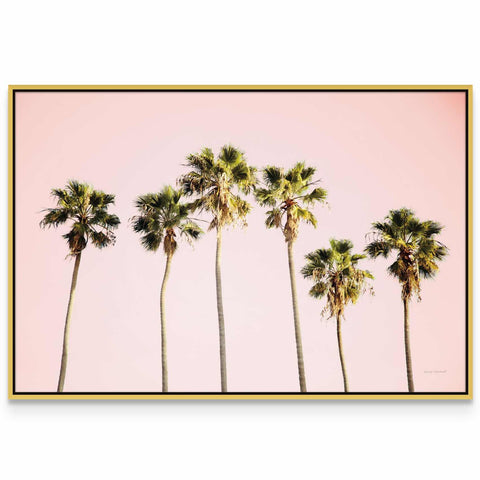 a row of palm trees against a pink sky