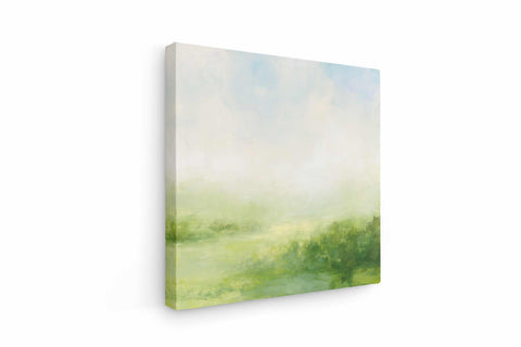 a painting of a green landscape on a white wall