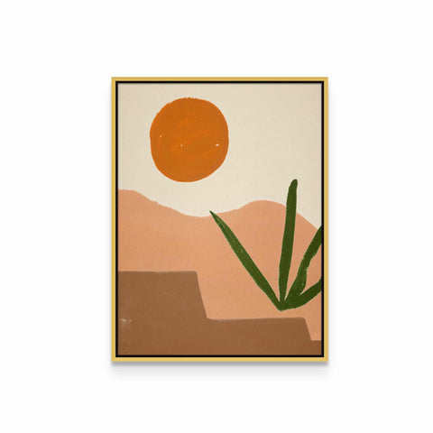 a painting of a desert with a sun in the background