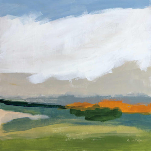 a painting of a green field with a sky in the background