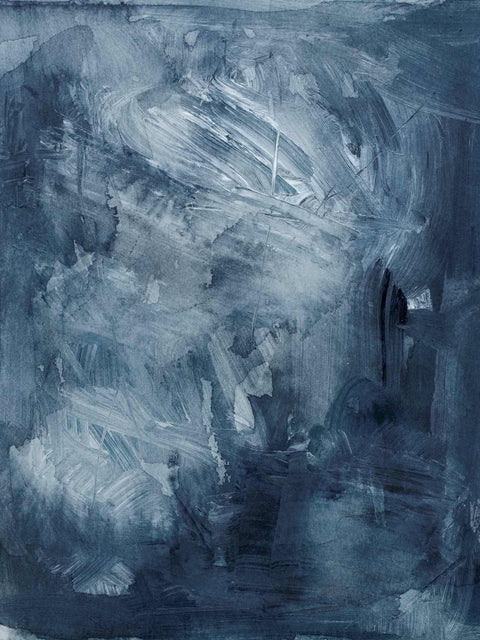 a black and white painting with a blue background