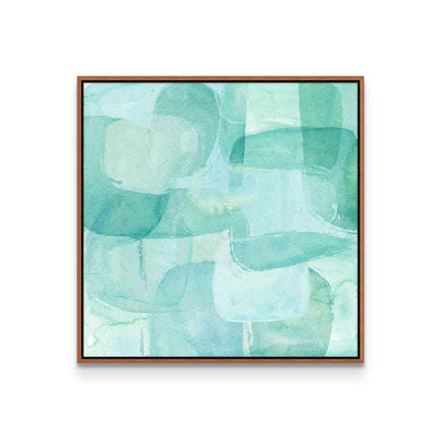 a painting of green and blue shapes on a white wall