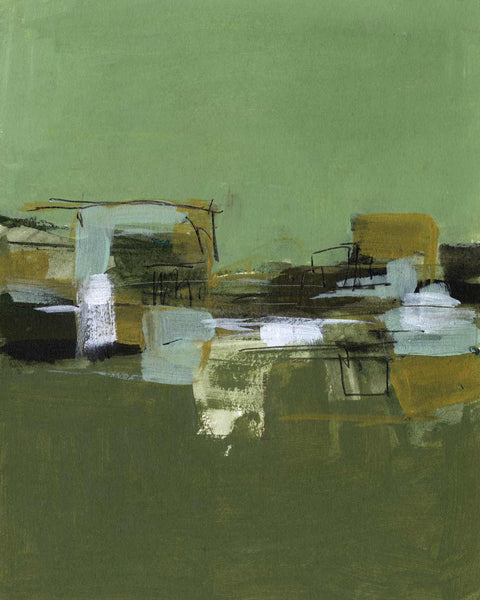 a painting of a green and yellow abstract painting