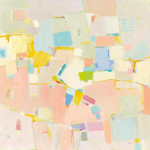 an abstract painting with pastel colors on a white background