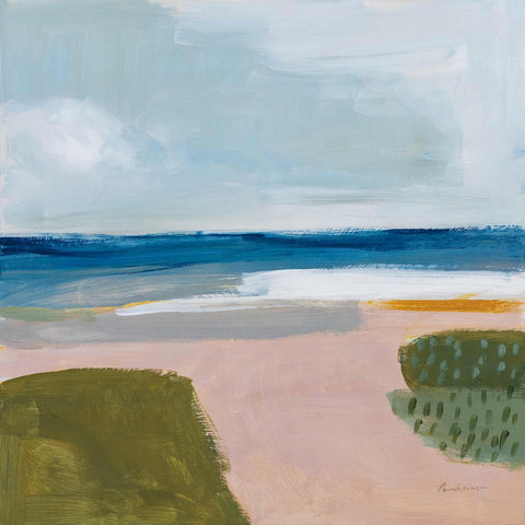 a painting of a beach with a blue sky in the background