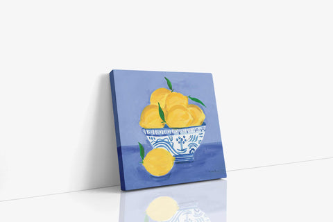 a painting of lemons in a blue and white bowl