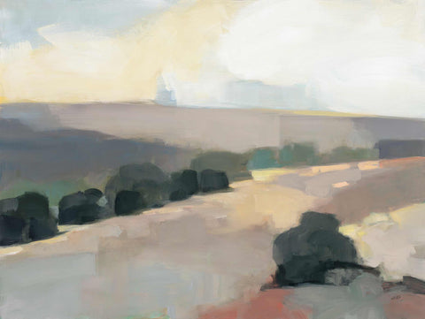 a painting of a landscape with trees in the foreground