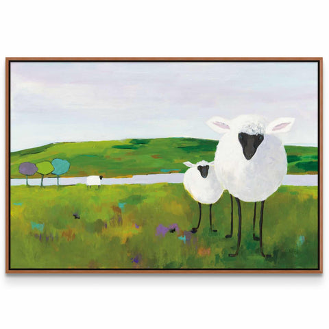 a painting of two sheep standing in a field