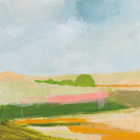 a painting of a green field with a blue sky in the background