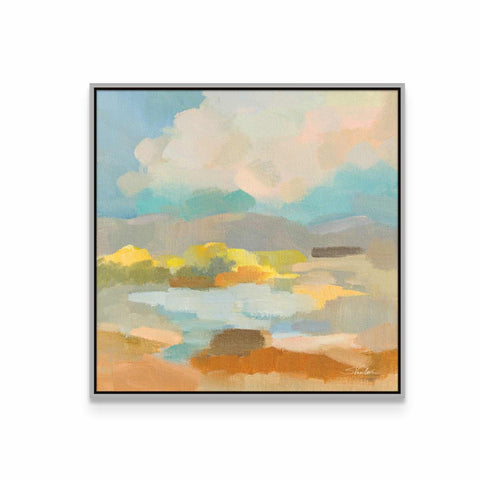 a painting of a landscape with clouds in the sky