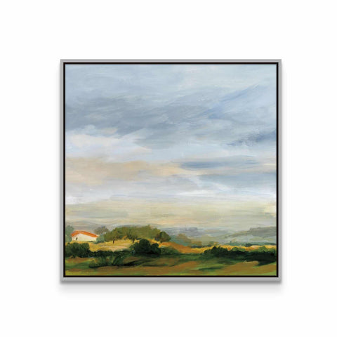 a painting of a field with a house in the distance