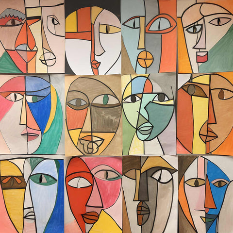 a painting of many different faces on a wall