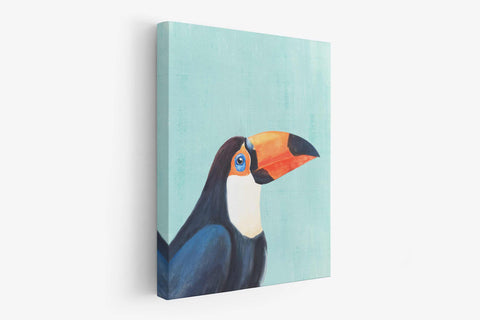 a painting of a toucan bird on a blue background