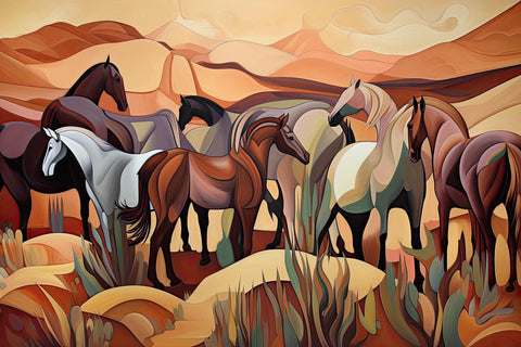 a painting of a group of horses in the desert