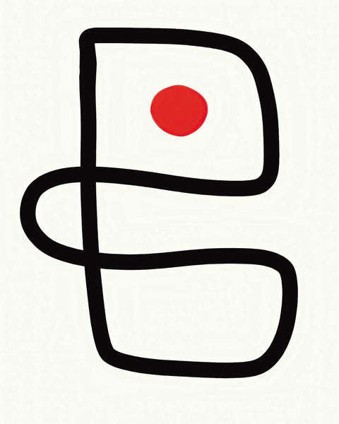 a black and white drawing of a red dot on a white background