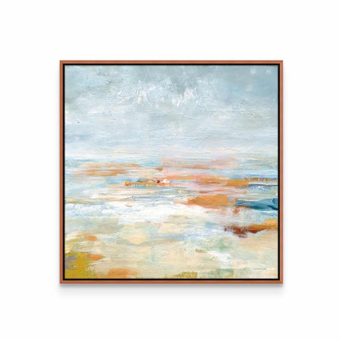 a painting with a blue sky and orange clouds