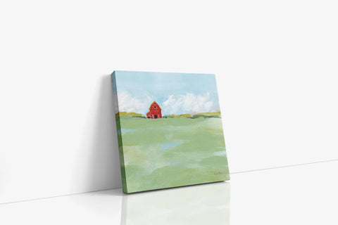 a painting of a red barn in a green field