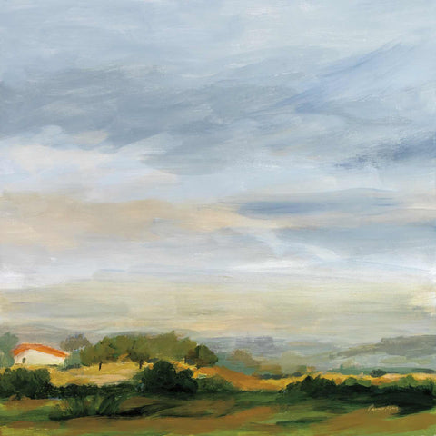a painting of a field with a house in the distance