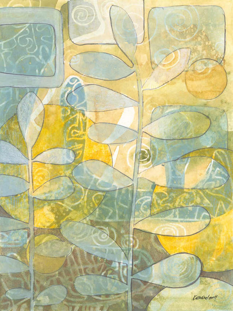 a painting of blue and yellow leaves on a yellow background