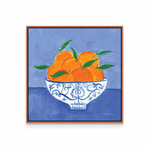 a painting of oranges in a white bowl