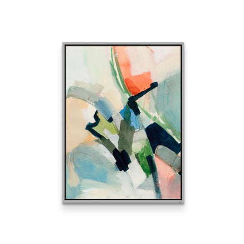 an abstract painting with blue, green and orange colors