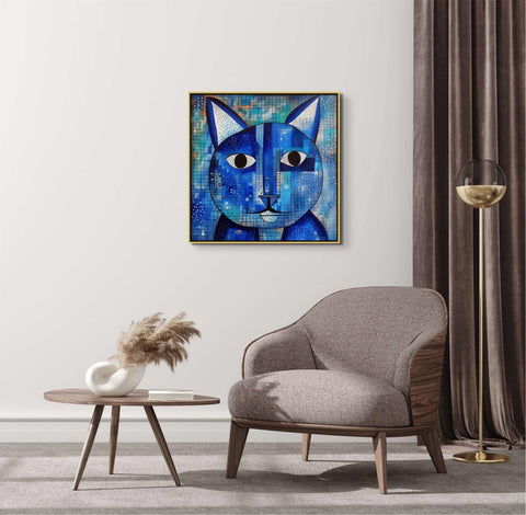a painting of a blue cat on a white wall