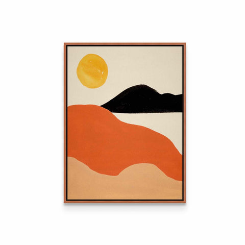 a painting of a desert with a sun in the background