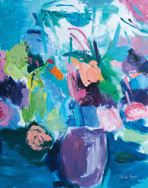 a painting of flowers in a vase on a table