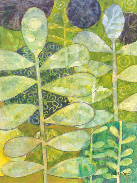 a painting of a bunch of leaves on a green background