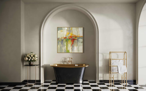 a bathroom with a black and white checkered floor